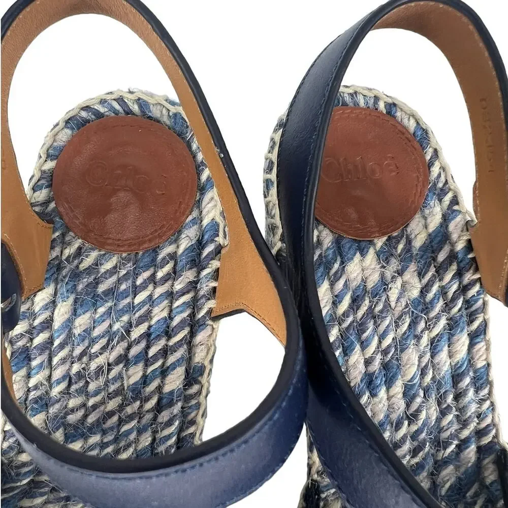 Chloe Piia Denim Logo‎ Espadrille Wedge Sandals with Leather Straps Size 36